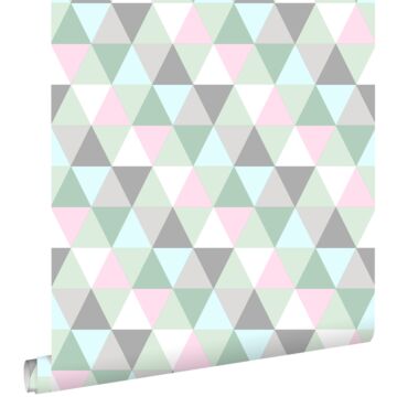 papel pintado triángulos menta verde, rosa y gris de ESTAhome