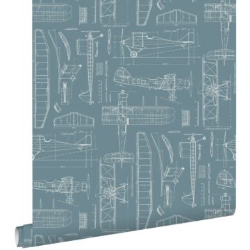 papel pintado planos de construcción de aviones azul vintage oscuro de ESTAhome