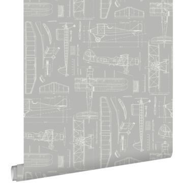 papel pintado planos de construcción de aviones gris pardo de ESTAhome