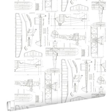 papel pintado planos de construcción de aviones blanco de ESTAhome
