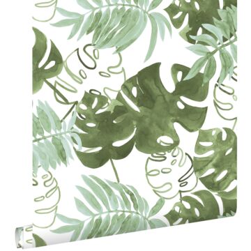 papel pintado hojas de la selva tropical pintadas verde oliva agrisado de ESTAhome