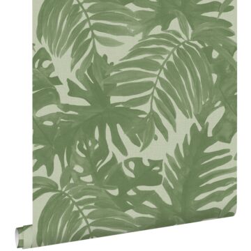 papel pintado hojas tropicales verde oliva agrisado de ESTAhome