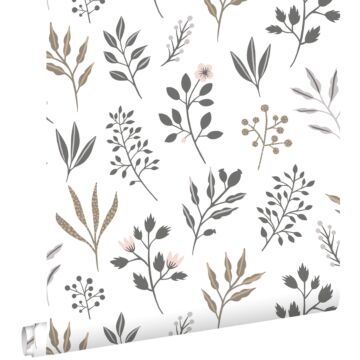 papel pintado diseño floral en estilo escandinavo blanco, gris y rosa de ESTAhome