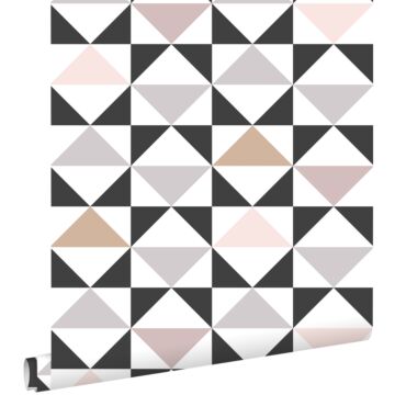 papel pintado triángulos gráficos blanco, negro, gris cálido y rosa viejo de ESTAhome