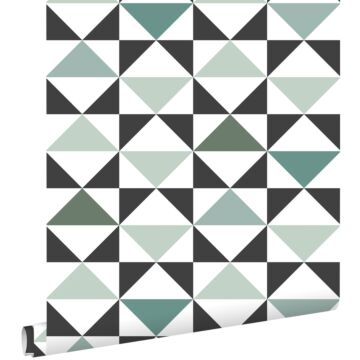 papel pintado triángulos gráficos blanco, negro, menta verde y verde mar de ESTAhome