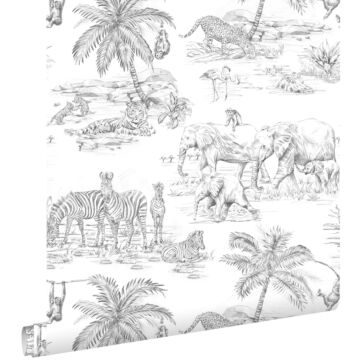 papel pintado animales de la selva blanco y negro de ESTAhome
