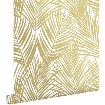 papel pintado hojas de palmera oro y blanco de ESTAhome