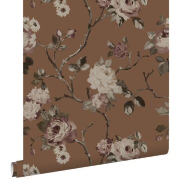 papel pintado flores vintage marrón terracota de ESTAhome