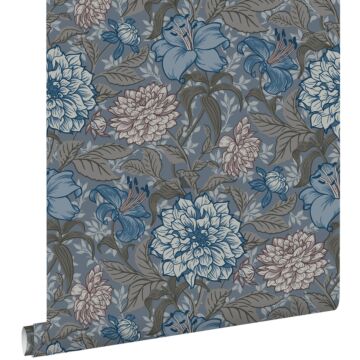 papel pintado flores vintage azul agrisado y gris cálido de ESTAhome