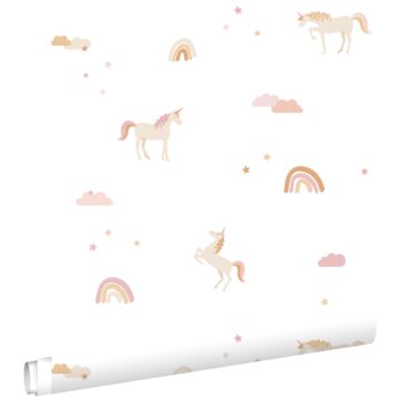 papel pintado unicornios beige, rosa suave y amarillo ocre de ESTAhome