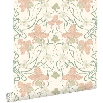 papel pintado flores vintage en estilo art nouveau blanco crema, rosa suave y verde grisáceo de ESTAhome
