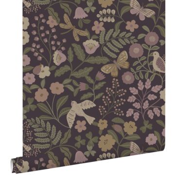 papel pintado flores y pájaros morado berenjena, verde oliva agrisado y morado lila de ESTAhome