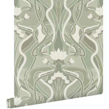 papel pintado flores vintage en estilo art nouveau verde grisáceo claro de ESTAhome