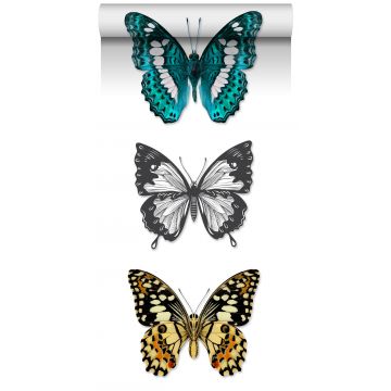 papel pintado XXL mariposas turquesa, negro y blanco de ESTAhome