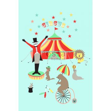 fotomural circo turquesa, rojo, amarillo, rosa, marrón y gris de ESTAhome