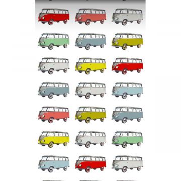 papel pintado XXL furgonetas vintage Volkswagen transporter amarillo, azul, gris, rojo y verde de ESTAhome