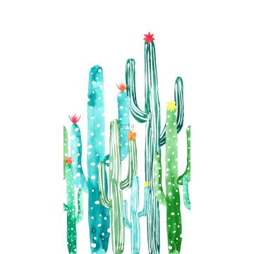 fotomural cactus en flor pintados a la acuarela verde selva tropical y turquesa de ESTAhome