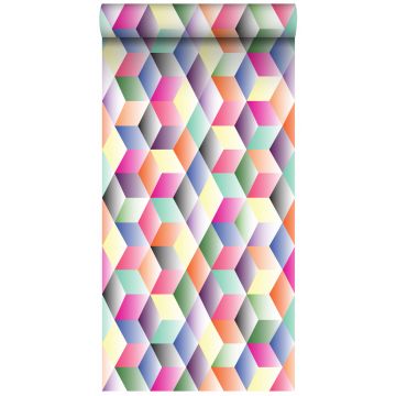 papel pintado XXL Cubos 3D que expiran rosa, amarillo, verde y azul de ESTAhome