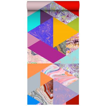 papel pintado XXL Triángulos con efecto mármol. amarillo, azul, rosa y verde de ESTAhome