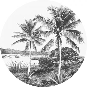 mural redondo autoadhesivo paisaje con palmeras blanco y negro de ESTAhome