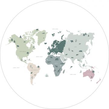 mural redondo autoadhesivo mapa mundial para niños menta verde, gris y rosa de ESTAhome