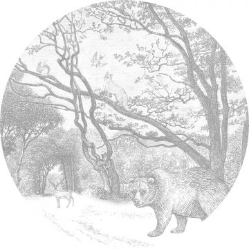 mural redondo autoadhesivo bosque con animales del bosque gris de ESTAhome