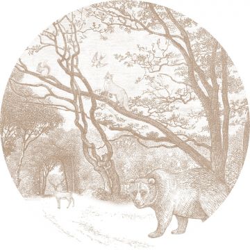 mural redondo autoadhesivo bosque con animales del bosque beige de ESTAhome