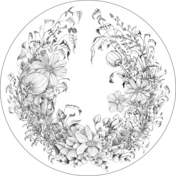 mural redondo autoadhesivo dibujo de flores blanco y negro de ESTAhome