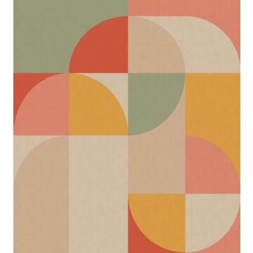 fotomural motivo geométrico en estilo Bauhaus rosa, amarillo ocre y menta verde de ESTAhome