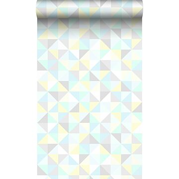 papel pintado triángulos verde menta pastel claro, amarillo pastel claro, azul celeste pastel claro, gris claro cálido y gris plata brillante de Origin Wallcoverings