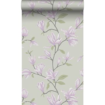 papel pintado magnolia verde mar y morado lila de Origin Wallcoverings