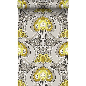 papel pintado diseño floral art nouveau amarillo ocre y gris de Origin Wallcoverings