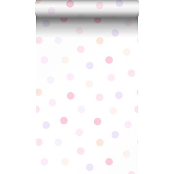 papel pintado puntos lunares polka dots rosa cipria pastel claro, morado lavanda lila pastel claro y naranja melocotón pastel claro de Origin Wallcoverings
