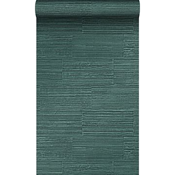 papel pintado bloques de piedra natural rugosos retro en aparejo de soga verde esmeralda de Origin Wallcoverings