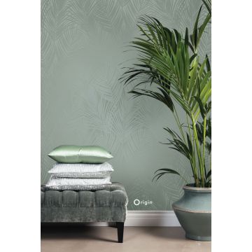 papel pintado salón hojas de palmera verde grisáceo 347709