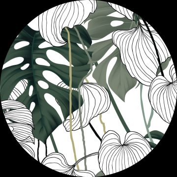 mural redondo autoadhesivo hojas de la selva tropical verde, blanco y negro de Sanders & Sanders
