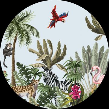 mural redondo autoadhesivo animales de la selva verde, azul y rosa de Sanders & Sanders