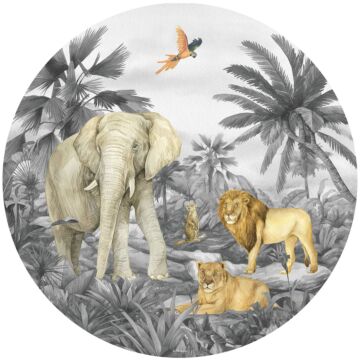 mural redondo autoadhesivo animales de la selva gris de Sanders & Sanders