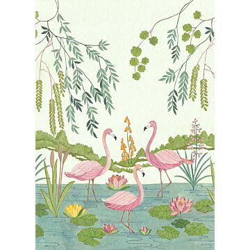 fotomural Flamingo Vibes rosa, verde y azul de Komar