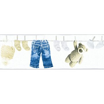 cenefa de papel pintado textura vaquera denim jeans azul, beige crema y blanco de A.S. Création