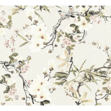 papel pintado diseño floral beige, verde, gris y rosa de Michalsky Living