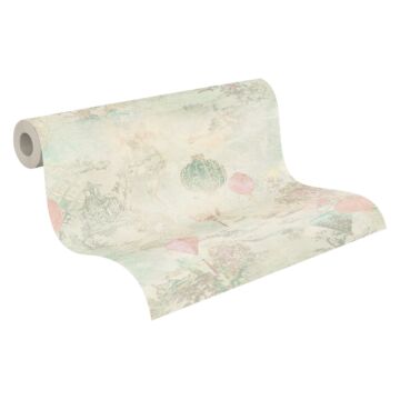 papel pintado diseño oriental verde claro y rosa de