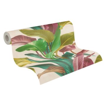 papel pintado hojas tropicales verde, rosa viejo y azul petroleo de Livingwalls