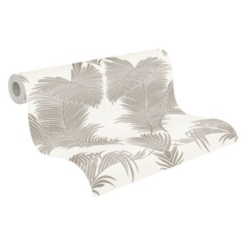 papel pintado hojas de palmera beige crema, plata y blanco brillante de A.S. Création