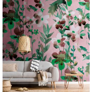fotomural diseño floral verde, rosa, blanco y marrón de One Wall one Role