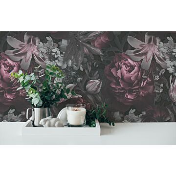 papel pintado diseño floral gris, rosa, negro y blanco de Livingwalls