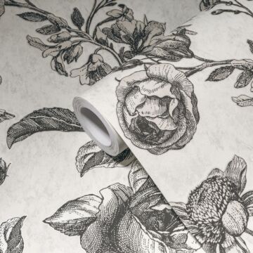 papel pintado diseño floral negro, beige crema y blanco de Livingwalls
