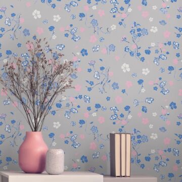 papel pintado diseño floral gris, azul, rosa y blanco de Livingwalls