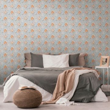 papel pintado diseño floral gris, naranja, blanco y beige de Livingwalls