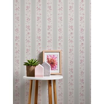 papel pintado diseño floral gris, blanco y rosa de Livingwalls